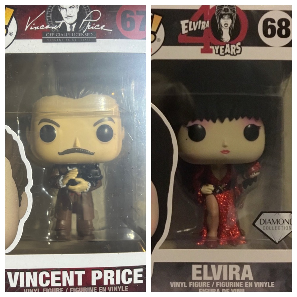 Funko Vincent Price and Elvira Figures with Red and Black Accents